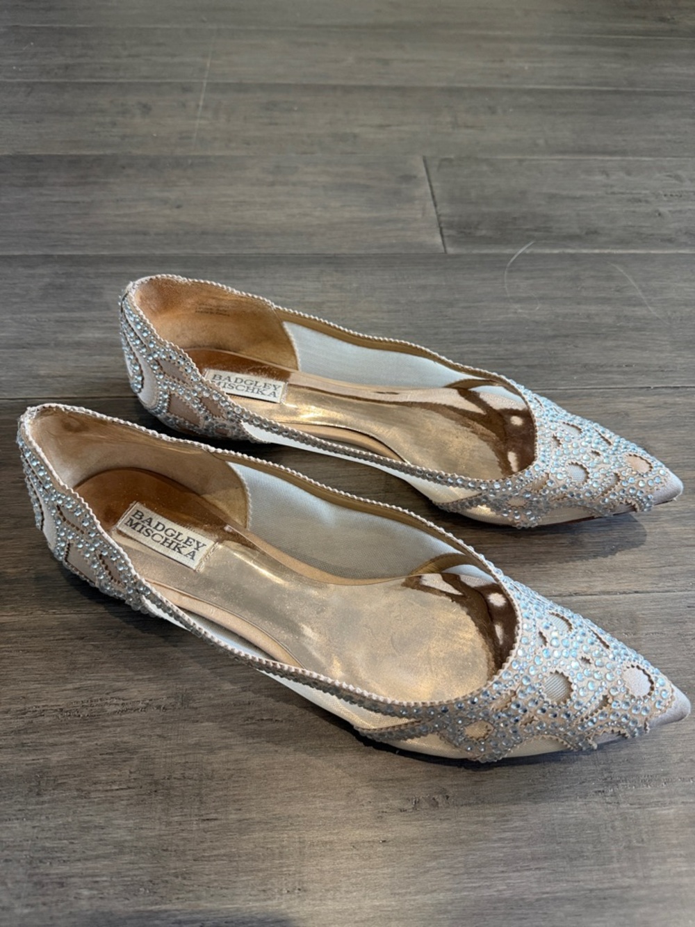 Badgley Mischka Nude Crystal Embellished Pointed Toe Flats